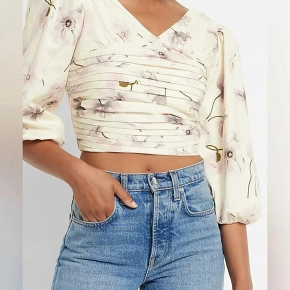 Express Floral Puff Sleeve Ruched Cropped Top NWT - Picture 4 of 14